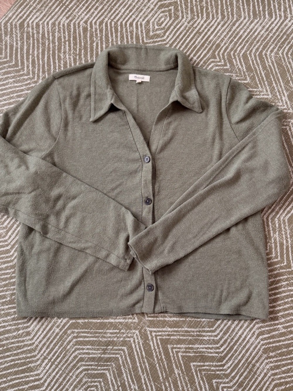 Madewell Ribbed Button Front Top Olive Green XXL Long Sleeve
